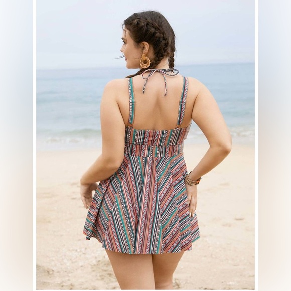 Bloom Chic Plus Size Bandana Striped Print Adjustable Straps Swim Dress 22-24W. - Picture 3 of 13